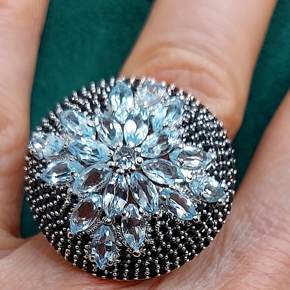 Natural Sky Blue Topaz‎ 6x3mm & Black Spinel 925 Sterling Silver Ring Size 8 - Picture 2 of 10